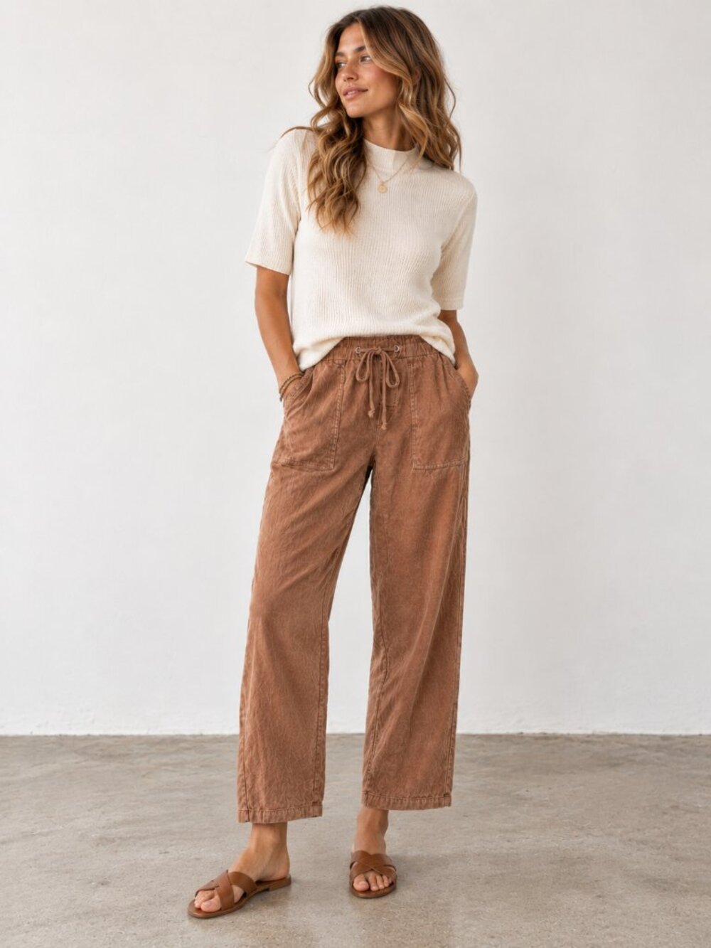 KUT FROM THE KLOTH Rosalie Drawstring Stretch Linen Blend Pants Whiskey Brown M - Picture 2 of 7